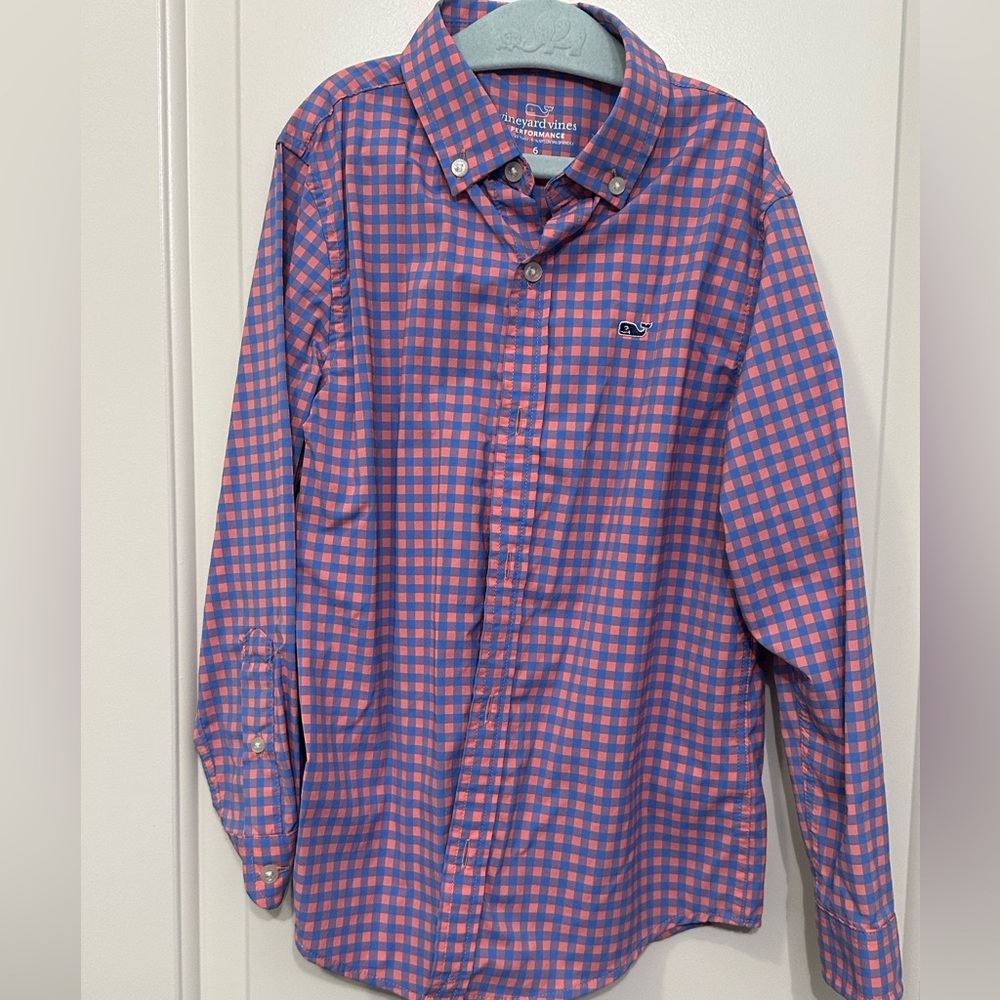 Vineyard Vines Kids Gingham Button Down Sz 6 - Blue and Coral/Orange - EUC